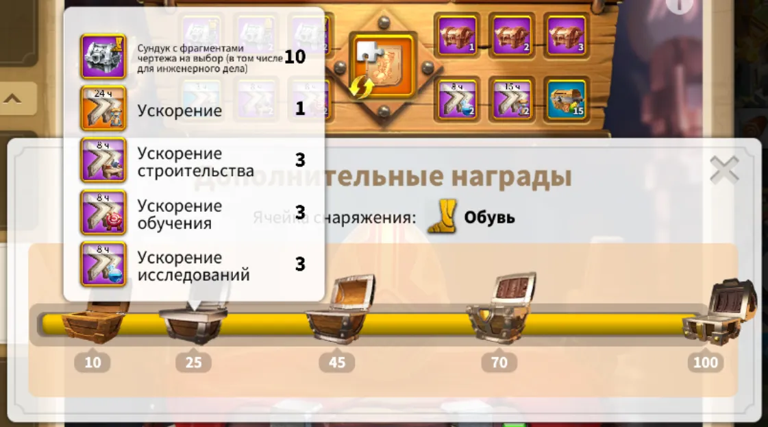 Дополнительные награды — шкала 10/25/45/70/100, награда за 25 открытий